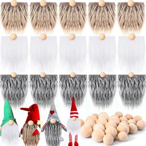 Tudomro 15 Pcs Gnome Beards for Crafts Valentine's Day Faux Fur Fabric Precut Gnomes Beards Handmade 30 Pcs Wood Balls for Christmas Halloween Easter Independence Day(Gray, Camel, White)