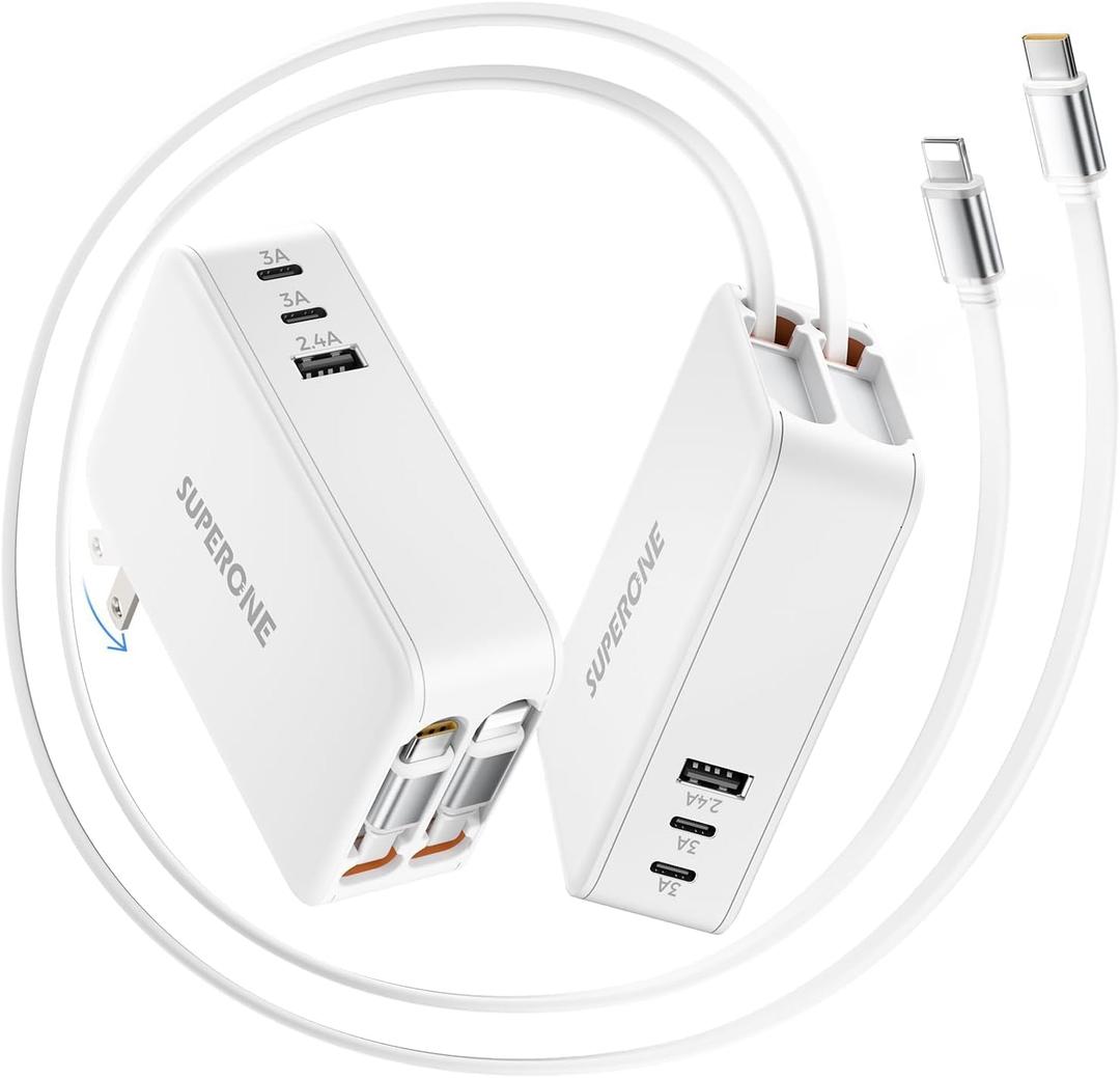 SUPERONE 119W Retractable Wall Charger with Dual Cables, 5-Port USB C Charger Block, Compact Foldable Power Adapter, 65W Fast Charging for MacBook Pro/Air, Dell XPS, ThinkPad, ZenBook, iPhone, iPad