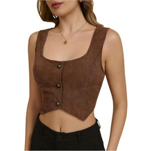 MakeMeChic Women's Corset Suit Vest Corduroy Sleeveless Scoop Neck Crop Vest Blazer Jacket (Large, Coffee Brown)