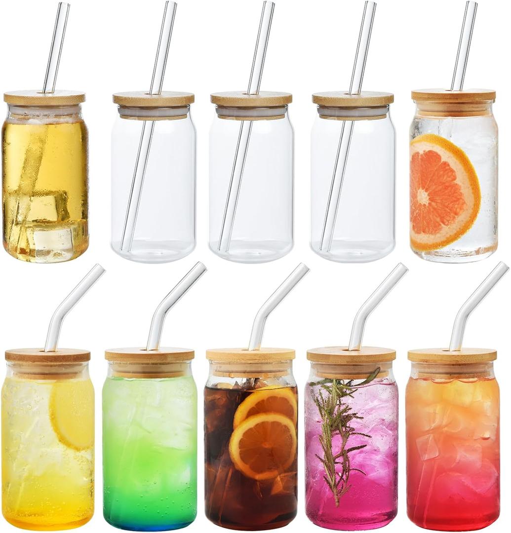 Haundry 10 pack Beer Glass Cups with Bamboo Lids and Straws, 16oz Can Glasses Drinking Glasses Set of 10, Glass Tumbler Cups for Iced Coffee, Beer, Soda, Tea, Smoothies