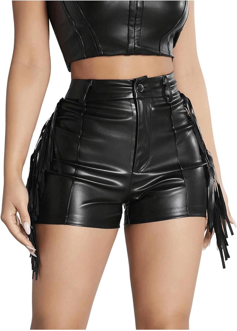 Women's High Waist Fringe Trim PU Leather Club Party Shorts Straight Leg Mini Shorts (Medium, Black)