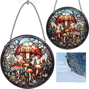 Mushroom Stained Glass Window Hanging, Mushroom Gifts for Women Friends Suncatcher with Metal Chain and Hooks, Sun Catcher Glass Art for Indoor Window Decor