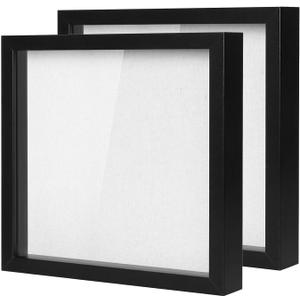 Muzilife Shadow Box Picture Frame with Linen Board Deep Wood Glass Display Case Ready to Hang Memory Box Baby Sports Memorabilia, Pins, Awards, Medals, Wedding, Tickets and Photos, Black, 2 Pcs 12X12