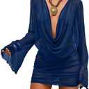 SOLY HUX Women's Summer Sheer Mesh Beach Mini Dress Draped Deep V Neck Bell Sleeve Swimsuit Cover Up Beachwear Size S