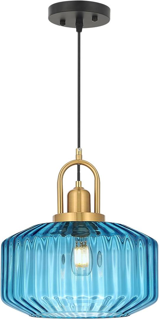 11.8in Mid Century Modern Pendant Light, Gold Large Blue Glass