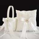 ATAILOVE Ivory Wedding Flower Girl Basket and Ring Bearer Pillow Set, Satin Fairy Lace Flower Baskets for Flower Girl