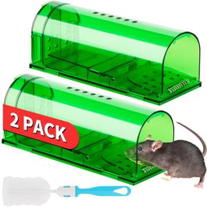 LULUCATCH Humane Mouse Traps 2 Pack | Live No Touch Catch and Release No Kill Rodent Traps | Reusable with Cleaning Brush | Pet Safe Indoor Outdoor Rodent Control for Mice, Rats, Chipmunks, Voles