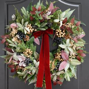 24 Inch Pre-Lit Christmas Wreath for Front DoorChristmas Door Wreath with LED Lights, Velvet Bow, Gold Balls and Berries, Lighted Christmas Wreath Winter Decorative for Window Hall Outdoor