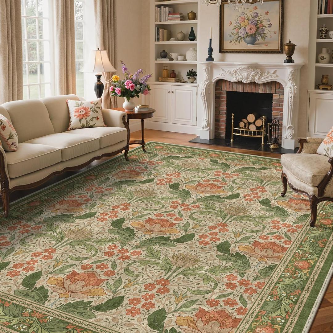 Bavni 9x12 Area Rugs, Floral Machine Washable Rugs for Living Room, Dinning Room, Bedroom, Non Slip Aesthetic Vintage Low Pile Durable Lightweight Farmhouse Rug, Sage Green & Burnt Orange