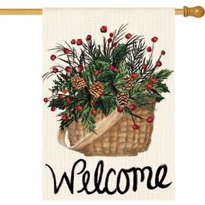 AVOIN colorlife Welcome Holly Red Berries House Flag 28x40 Inch Double Sided Outside, Winter Christmas Farmhouse Yard Outdoor Decorative Flag, | Red, House Size-28 x 40