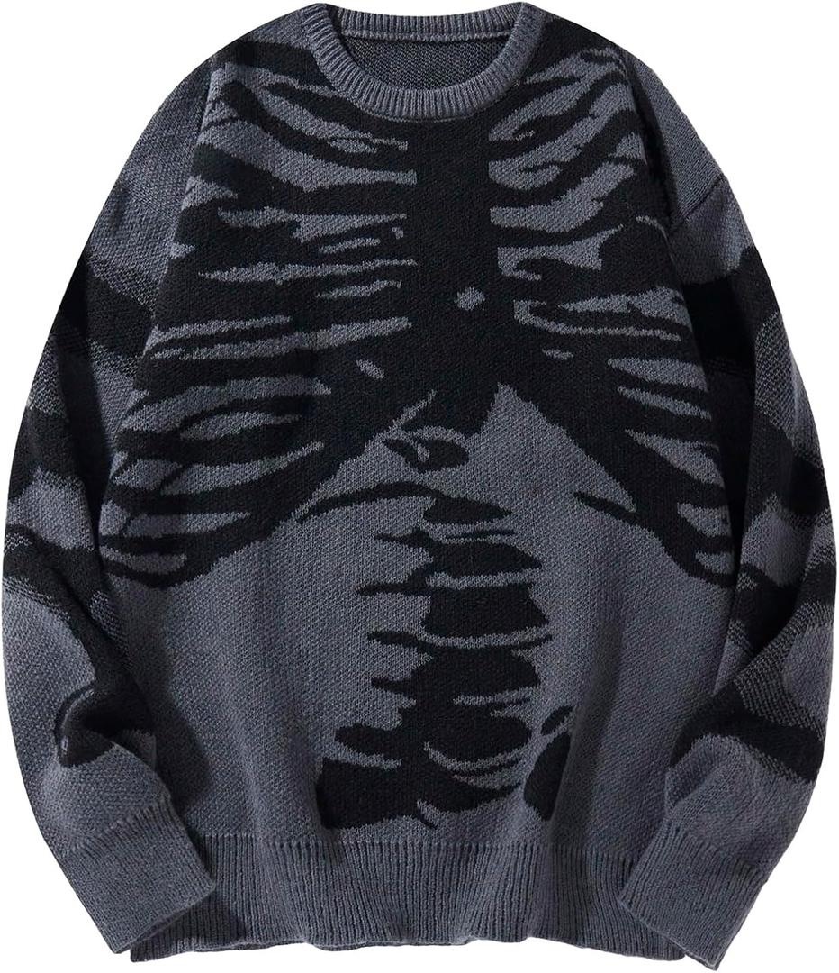 Floerns Men's Halloween Long Sleeve Knitted Drop Shoulder Sweaters Pullover (Large, Dark Grey)
