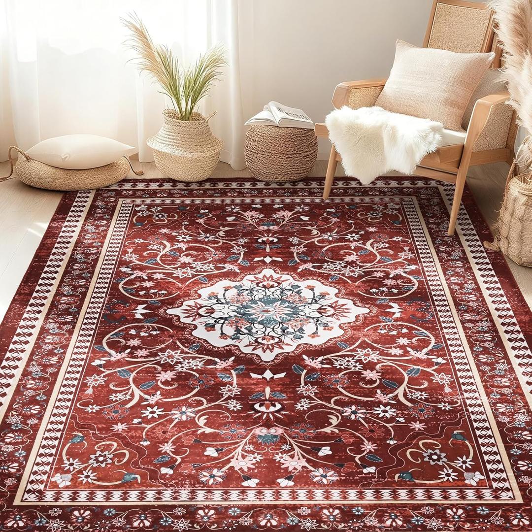 Luxury 5' x 7' Red Living Room Rug, Washable Non Slip Area Rugs, Boho Low Pile Carpet for Bedroom, Dinning Room, Office, Bathroom, Laundry Room, Farmhouse