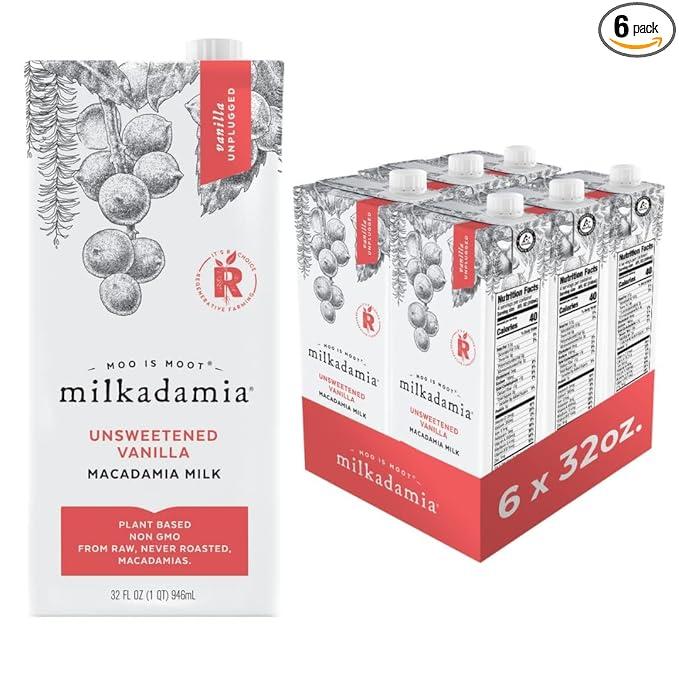 Milkadamia Macadamia Milk - Unsweetened Vanilla - 32 Fl Oz (Pack of 6) - Lactose Free, Vegan, Shelf Stable, Plant Based, Non Dairy, Dairy Free, Best by 4/10/27