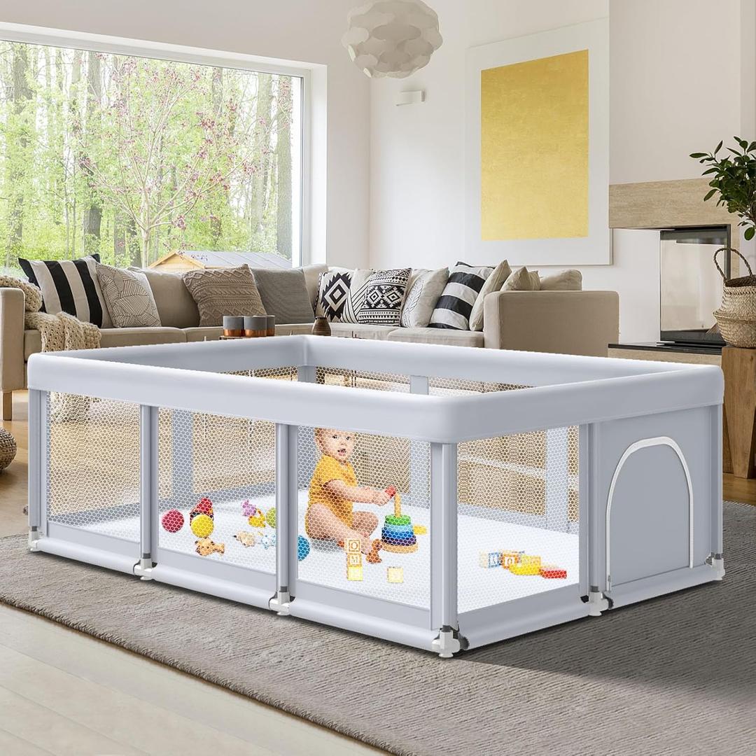 74" 50" Large Baby Playpen, Baby Playard for Babies and Toddlers, Play Fence Play Pens for Indoor & Outdoor, Sturdy Safety Play Yard with Soft Breathable Mesh, Anti-Fall, Grey
