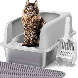 Henkelion Stainless Steel Cat Litter Box with Lid, 20" L x 14.2" W x 11.8" H, Extra Large Litter Box for Big Cats with High Sided, Anti-Urine Leakage, Easy Cleaning, Include Cat Mat and Scoop