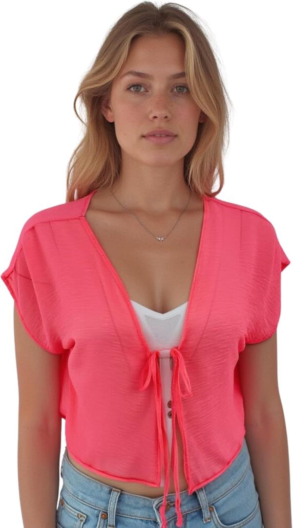 Star Vixen womens Tie Front Flutter Sleeve Chiffon Open Cardigan (Small, Pink/Neon)