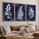 Large Framed Canvas Wall Art - Natural Float Framed Rustic White Leaf Pictures Wall Art Prints for Living Room Decor Indigo Plant Artwork Decorations for Bedroom Kitchen Home Office 72" X 36" Set of 3