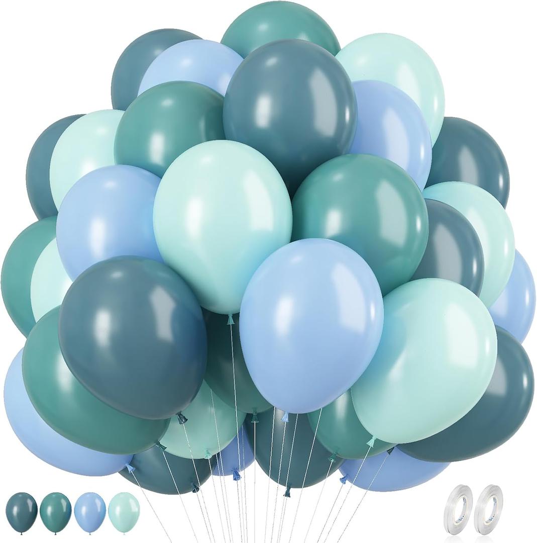Dusty Blue and Green Balloons, 60Pcs Aqua Blue Pastel Green Latex Balloon, 12 Inch Balloon Set for Boho Baby Bridal Shower Wedding Jungle Safari Woodland Neutral Birthday Party Decorations