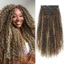 FLUFYMOOZ Clip in Hair Extensions, 20" 4PC 100 Pure Protein Silk Hair Extensions for Black White Women Long Soft Curly Hair Extension Hairpiece(Medium Brown with Blonde Highlight)