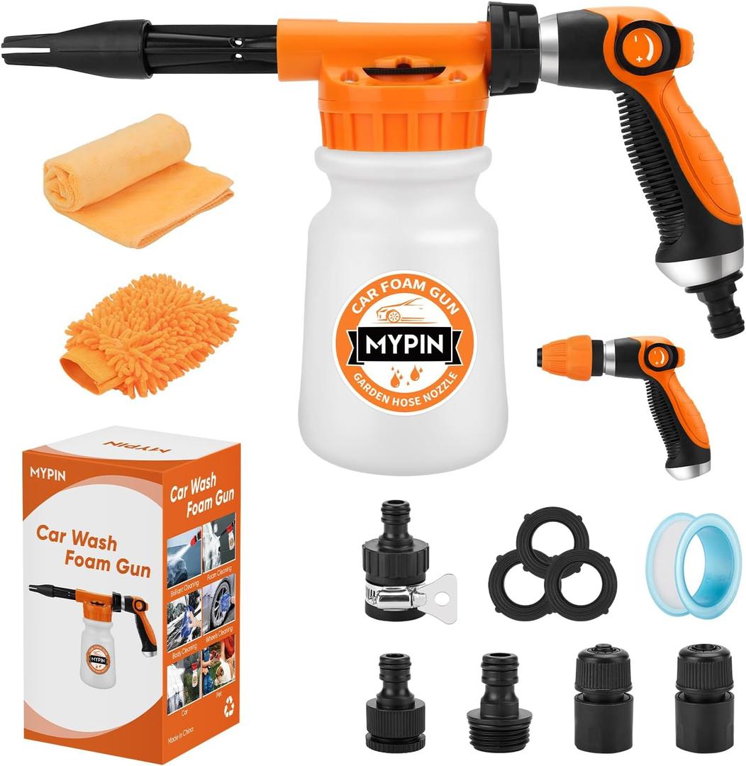 16 IN 1 Car Wash Foam Gun, Foam Cannon,Adjustable Hose Wash Sprayer with 2.5 to 6 Bars Foam Blaster,Wash Mitten &Towel,Suitable for Car Cleaning and Garden Use with 1/2 Quick Connector (Orange)