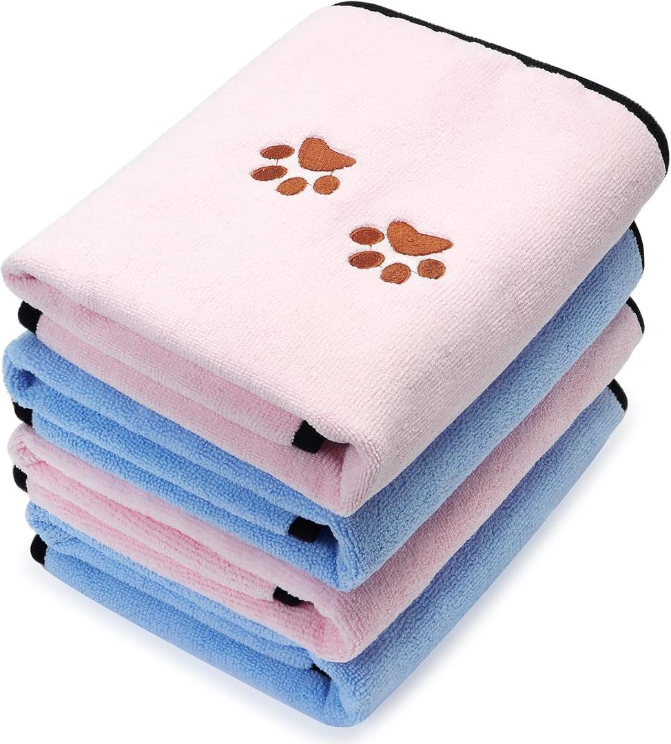 Tegeme 4 Pack Dog Towels for Drying Microfiber Soft Absorbent Pet Bath Towel Dog Drying Grooming Cloth with Embroidered Paw for Pet Cat Bathing Grooming(35 x 20 Inch,Blue, Pink)