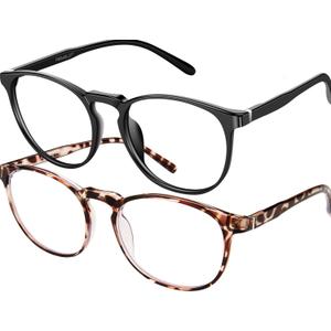 Blue Light Blocking Glasses Women/Men,Retro Round Anti Eyestrain Computer Gaming Glasses(2Pack) (Black+leopard)