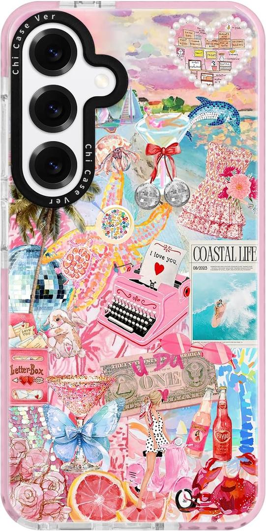 for Samsung Galaxy S23 FE Case, Coastal Life Pattern, Military-Grade Drop Protection, Pink Paradise Soft Slim TPU Protective Cover with Camera Protection for Girls