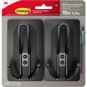 Command X-Large Matte Black Triple Hook, 2 Hooks, 6 Strips, Damage-Free Hanging with Adhesive Strips, No Tools Wall Hook for Hanging Decorations in Living Spaces