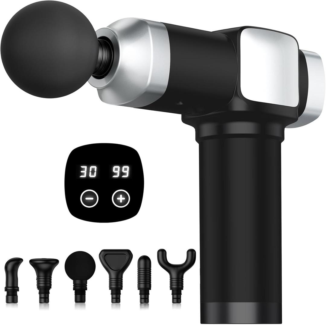 Deep Tissue Massage Gun, Portable Percussion Electric Muscle Massager for Pain Relief, Handheld Massagers with 30 Speeds & 6 Attachments for Back and Neck, Gifts for Men Women (Black)