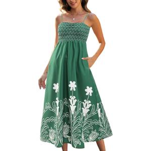 Gardenwed Women's Floral Print Maxi Dress,Spaghetti Strap Smocked Bodice A-Line Sundress with Pockets (Green, XL)