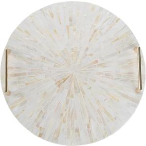 PEMAR Mother of Pearl Decorative Tray, 13" Round Display & Serving Tray with Gold Handles, Vanity/ Perfume/ Trinket Catchall for Dresser, Bathroom, Vanity Table (White Cream Sunlight Starburst Pattern)