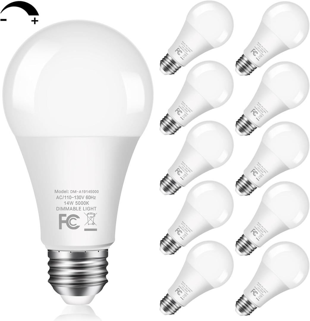 14W 1500LM Dimmable LED Light Bulbs 100 Watt Equivalent Bright A19 LED Bulbs with E26 Medium Base Daylight White 5000K CRI 90+ for Home Office Bedroom Kitchen, 10 Packs (5000k Daylight White)