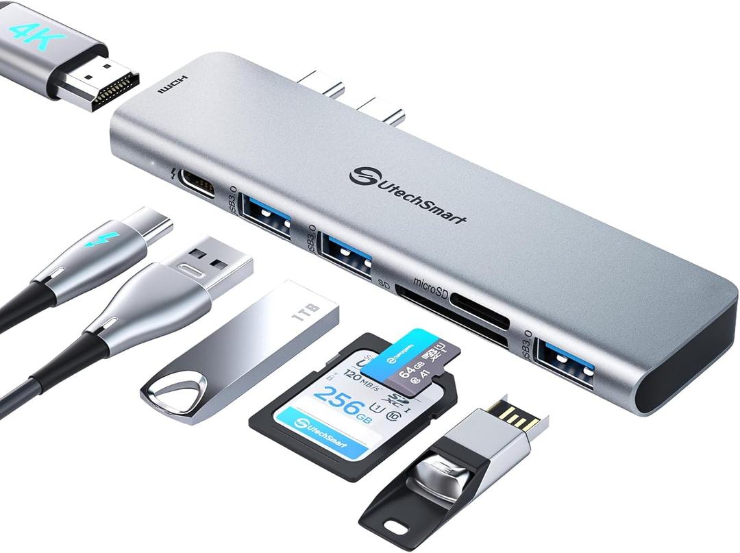 USB C Hub Adapter MacBook - UtechSmart 7 in 2 MacBook Pro/Air Accessories Multiport Adapter with Thunderbolt 3 Port, 100W PD 4K@30Hz, 40Gbps 4K HDMI, 3*USB3.0 Data Port SD and MicroSD Card Reader (Gray)