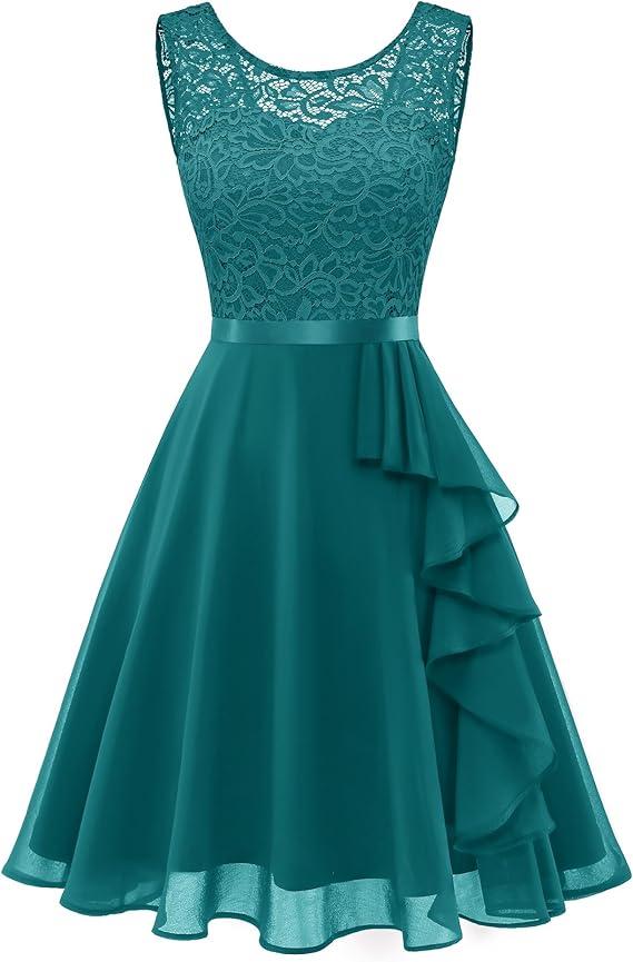 BeryLove Women Prom Dresses for Teens Wedding Guest Sleeveless Elegant Lace Cocktail Formal Bridesmaid Party Dress Empire Waist Ruffle A Line Short Dresses 7052, Peacock Green, M
