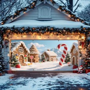 Christmas Garage Door Banner 7x16ft Candy Canes Gingerbread Christmas Garage Door Cover Decorations for 2 Car Large Winter Wonderland Gingerbread Village Xmas Banners Backdrop (Red)