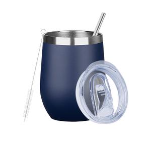 MEZMUT 12 Oz Insulated Wine Tumbler with Lid Double Wall Vacuum Stainless Steel Wine Glass Coffee Mug Insulated Tumbler Cup for Champaign, Cocktail, Beer (Navy, 1 Pack)