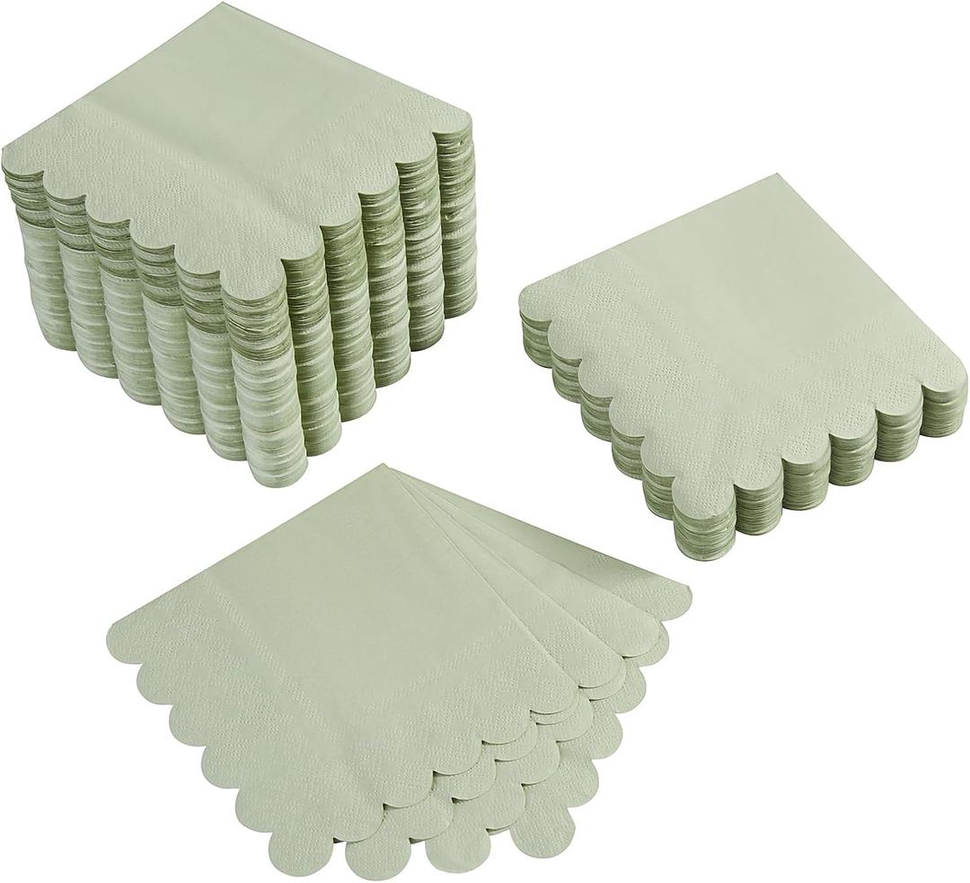 200 Pack Cocktail Napkin 2-Ply Scalloped Edged Dessert Napkins Folded 5 x 5 Inches Disposable Napkins for Dinner Wedding Birthday Party Bridal Anniversary Reception Event (Sage Green)