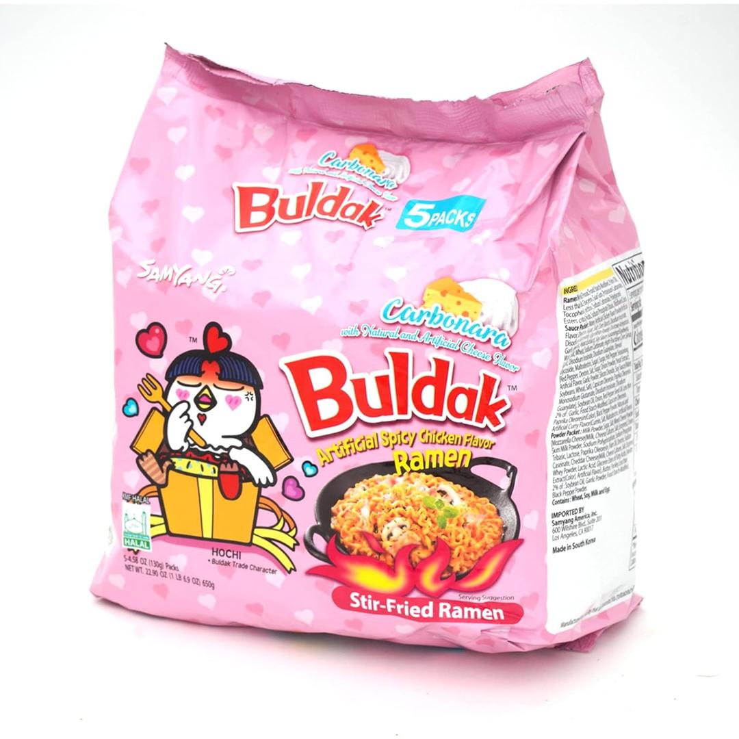 Samyang Buldak Hot Chicken Spicy Ramen Korea Instant Packaged Noodles,Carbonara,4.58 oz,5 Pack (EXP 08/24/26)