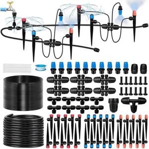230FT Drip Irrigation System for Garden with 40 Nozzles & Emitters, Ponds Water Feature Kit with 1/2" & 1/4" Tube and Barbed Fittings - Adjustable Sprinklers Kit for Greenhouse, Lawn, Raised Bed