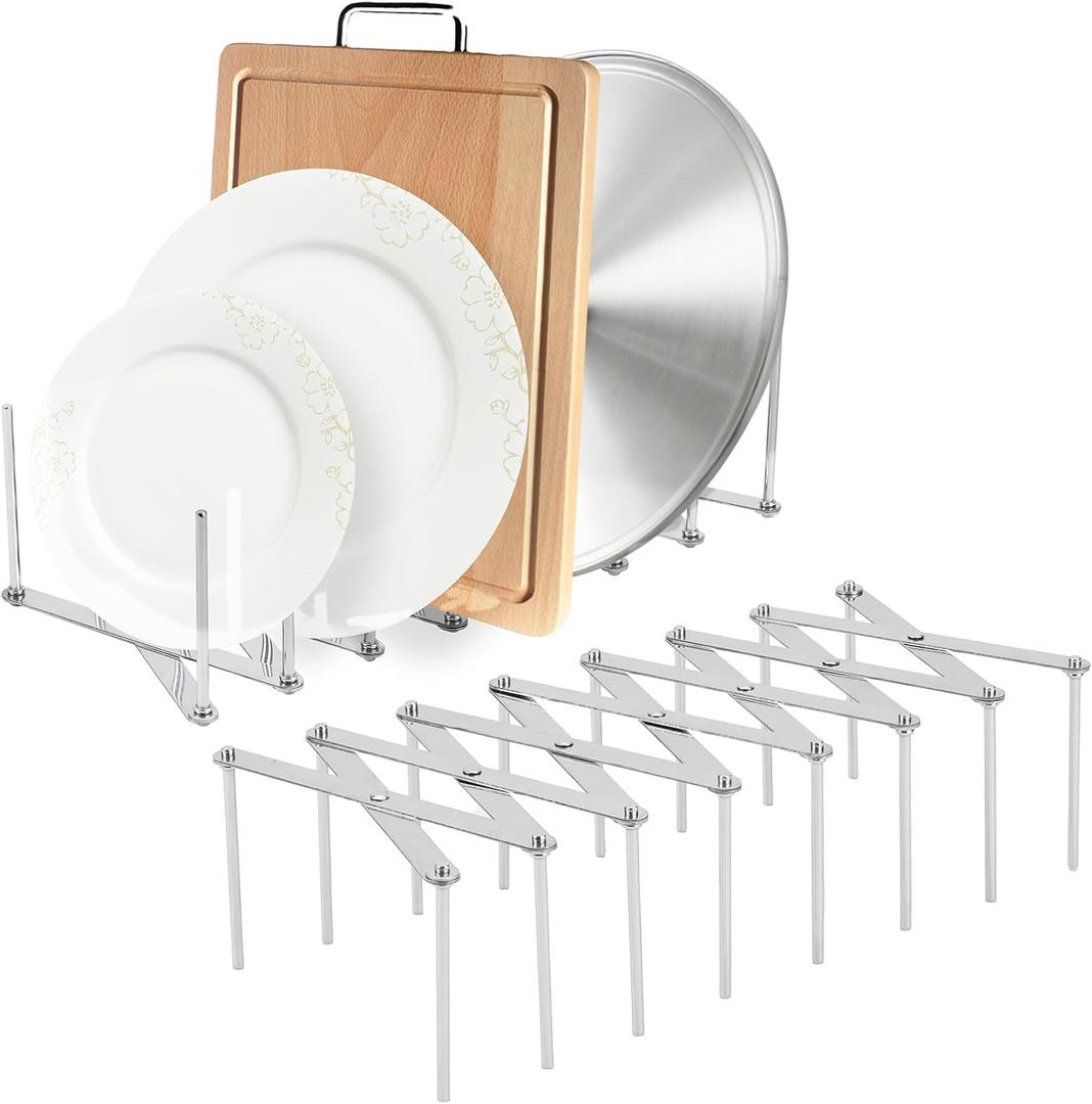 JINGIHE Pots and Pans Organizer, Adjustable Kitchen Cabinet Pantry Organization Storage Rack, Expandable Stainless Steel Holder for Pot Lid Cutting Board Bakeware Dishes Cookware 7-tier