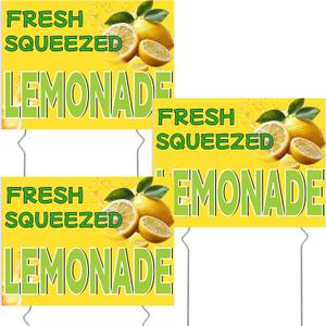 3 Pcs Lemonade Sign,12" x 16'' Fresh Squeezed Lemonade Yard Lawn Sign with Steel Stakes Double Sided Lemonade Stand Birthday Party Decorations for Lemonade Stand Supplies Store Home Outdoor