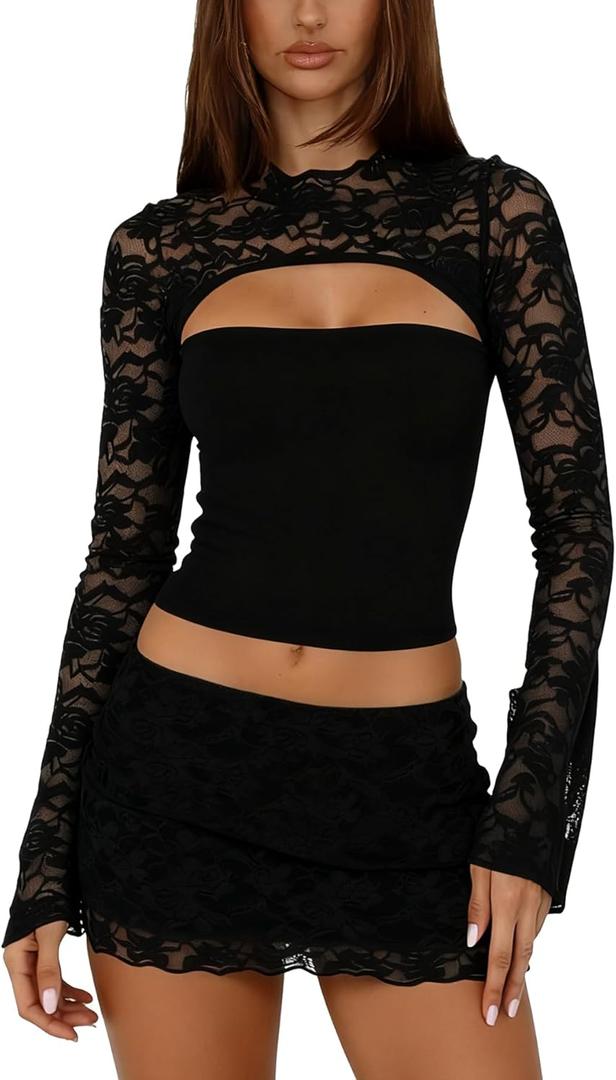 Womens Sexy 2 Piece Mini Skirt Set Long Sleeve Lace Cutout Top Double Lace Mini Bodycon Skirt Y2K Going Out Outfits (Small, Black)