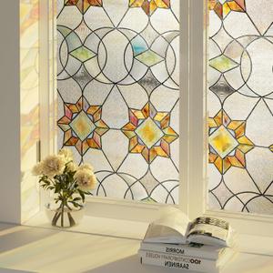 Oxdigi 3D Stained Glass Window Film - Static Cling Privacy Protection & UV Blocking, Floral Geometry Pattern 18"x17.5" (No Residue, Reusable)