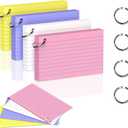 2 x 200 Count 3 x 5 Inch Colored Index Cards with Binder Rings, Lined & Blank Study Cards, Thick Cardstock Flash Cards for Students & Teachers, Color-Coded Notecards for School, Home, Work