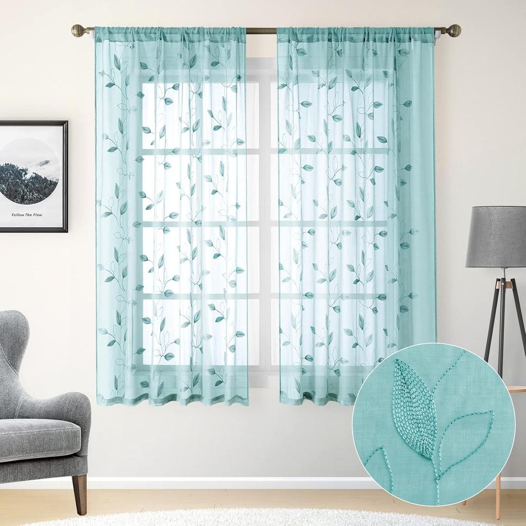 HOMEIDEAS Turquoise Aqua Sheer Curtains 52 X 63 Inches Length 2 Panels Embroidered Leaf Pattern Pocket Faux Linen Floral Teal Voile Window Drapes for Bedroom Living Room (52"W x 63"L (Pack of 2), 5-turquoise)
