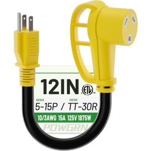 POWGRN RV 30 Amp to 110 Adapter 12 inch, Heavy Duty 10/3 Gauge RV Electrical Adapter, NEMA 5-15P Male to NEMA TT-30R Female, STW 10AWG 15A 125V 1875W, Black-Yellow, ETL Listed