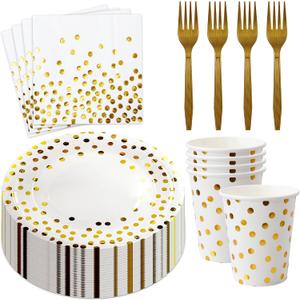 160 Pcs White and Gold Paper Plates, Forks and Cups Party Supplies, Disposable Paper Dessert Cake Plates Tableware Supplies for Birthdays, Graduations, Weddings, Holidays (Serves 40)(7 inches)