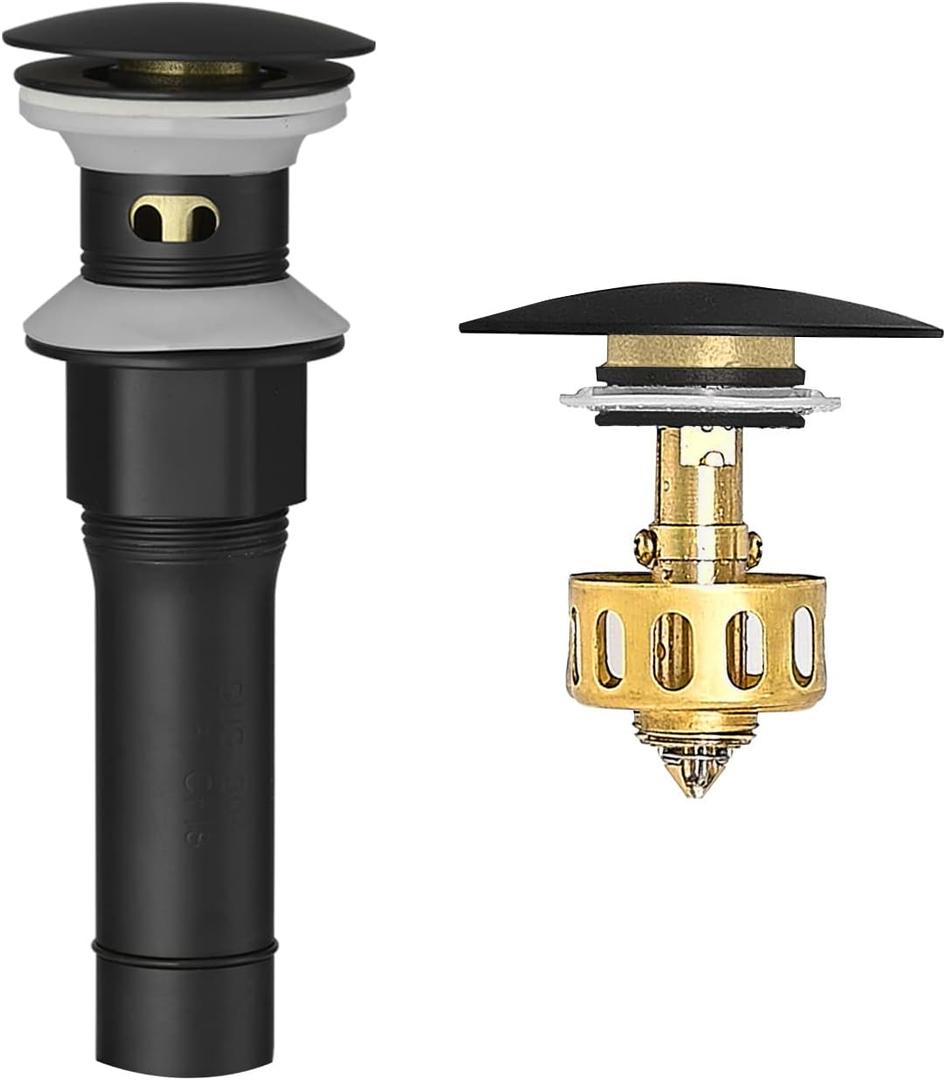 BESy Black Bathroom Sink Drain, Bathroom Faucet Vanity Sink Pop Up Drain Stopper with Overflow, Built-in Anti-Clogging Strainer, Matte Black