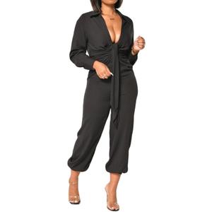 Women's Vintage Elegant Jumpsuit Long Sleeve Pleated High Waist Business Long Formal Jumpsuit Ankle Cuffs For A Party Club With Belt (Black, XL)