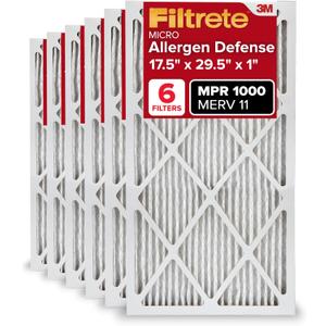 Filtrete 17.5x29.5x1 AC Furnace Air Filter, MERV 11, MPR 1000, Micro Allergen Defense, 3-Month Pleated 1-Inch Electrostatic Air Cleaning Filter, 6 Pack (Actual Size 17.19x29.19x0.81 in)